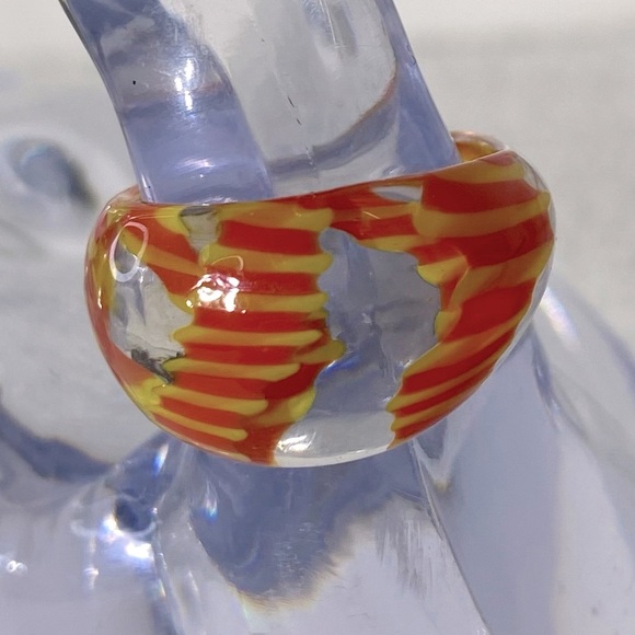 Vintage Art Glass Handmade Red Yellow Band Ring - Picture 2 of 11